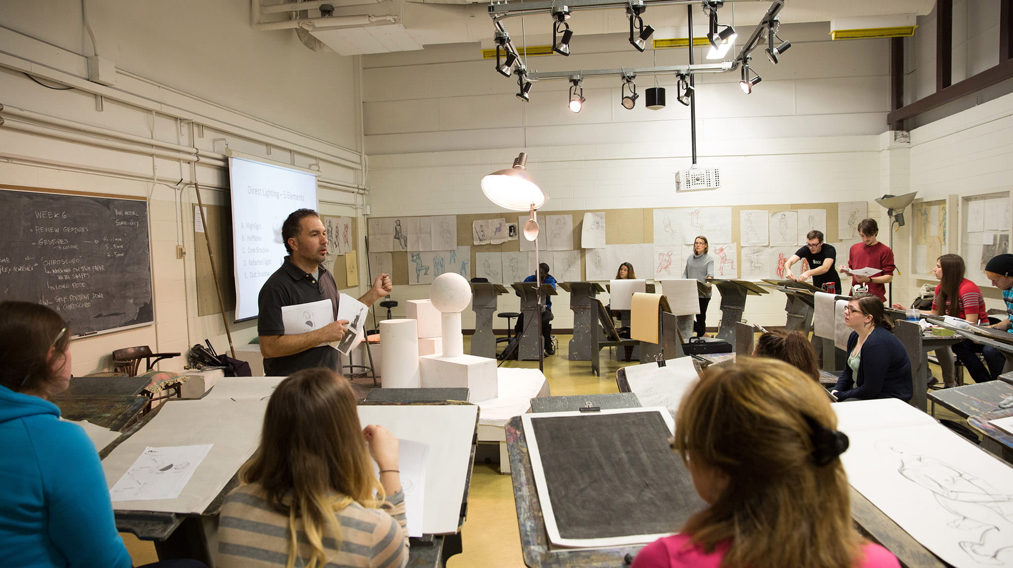 A studio filled with students working on large sheets of paper on easels 