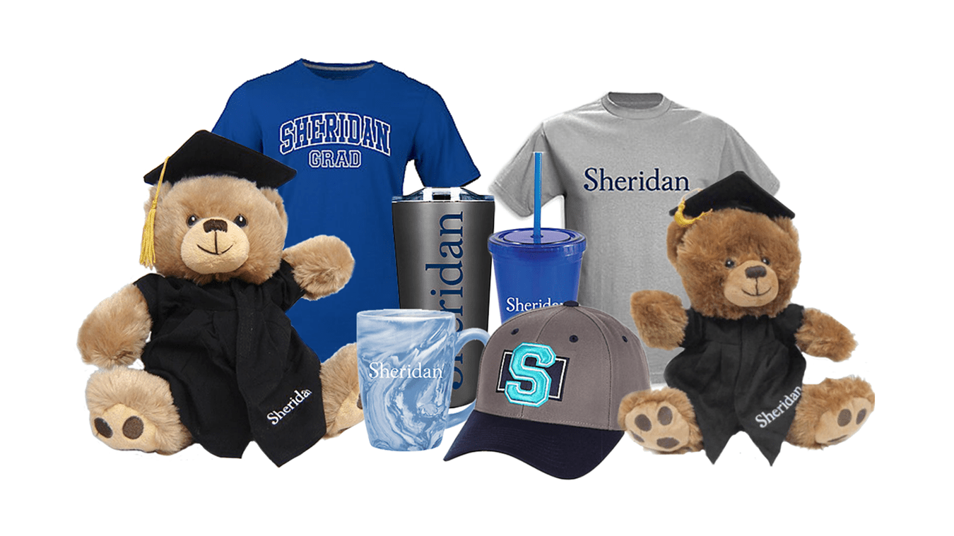 T-shits, teddy bears, cups and a hat displaying the Sheridan logo.