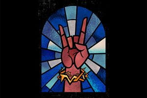Stained glass-look illustration of a hand with index and pinky finger raised in the air.