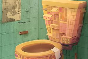 Illustration of a toilet covered in 3D buildings.