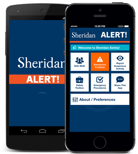 Sheridan Alert! app is shown on Android and iPhone mobile devices
