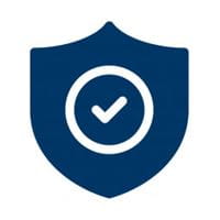 Dark blue shield with white checkmark surrounded by a circle in the centre