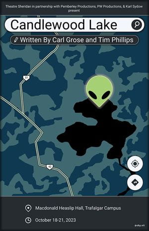 Lake is indicated on a map with a marker displayed as a traditional alien head
