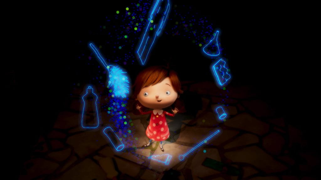 Girl standing while items float in a circle around her