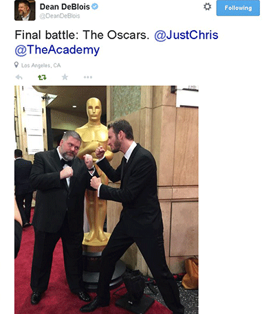 Oscar nominee Dean DeBlois and winner Chris Williams ham it up on the red carpet.