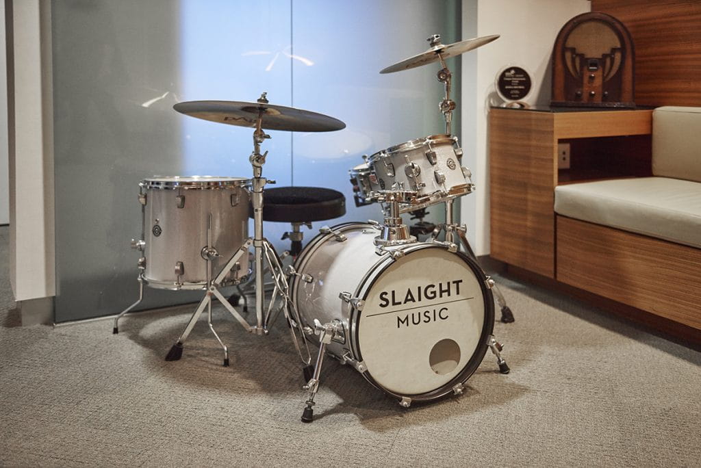 Drumset with 'Slaight Music' written on it.
