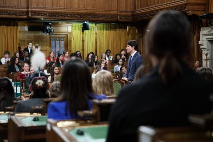 Prime Minister Trudeau drops by Daughters of the Vote in the House of Commons. March 8, 2017