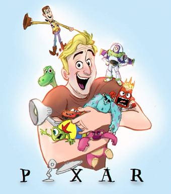 Illustration of an Animation student surrounded by Pixar figures