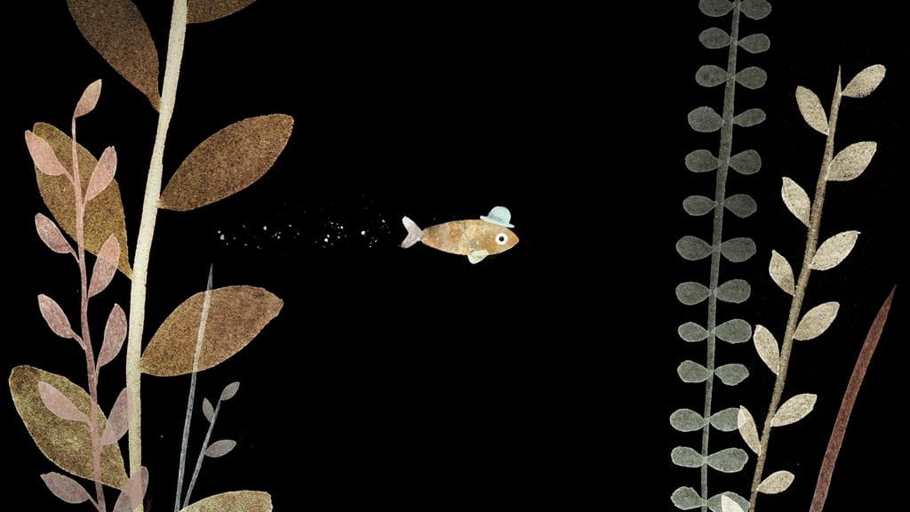 Image from Jon Klassen's book This is Not my Hat showing a fish on a black background