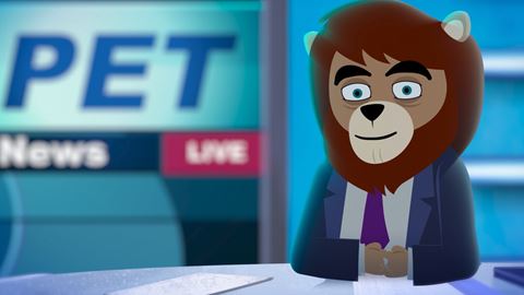 Still shot from animated short Back Home Again: Lion anchoring a news program.