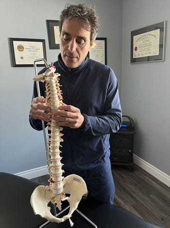 Osteopathic manual practitioner Joe Rotella examines a model of the human spine