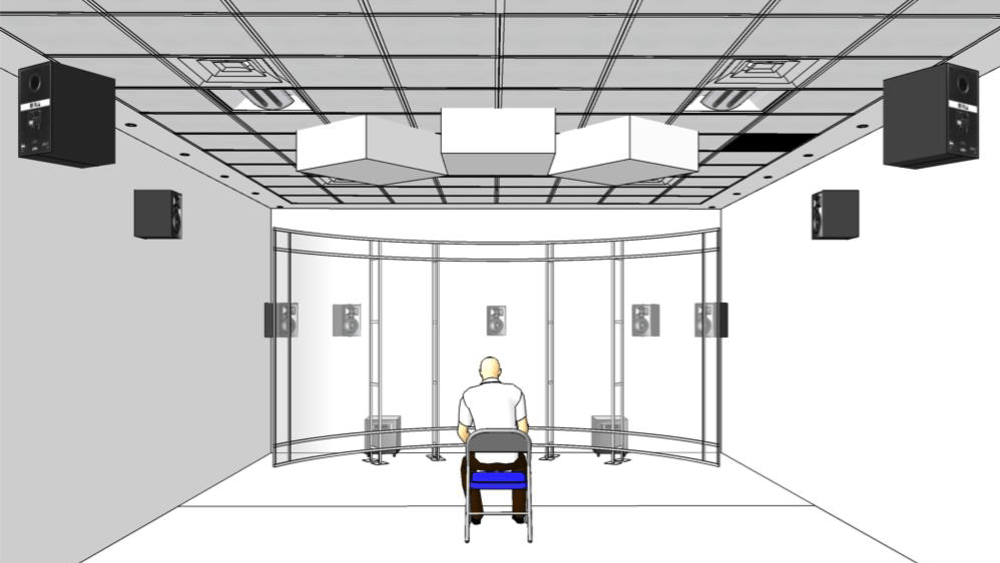 Acclaim Health rendering of a subject sitting in an immersive virtual reality (VR) room.