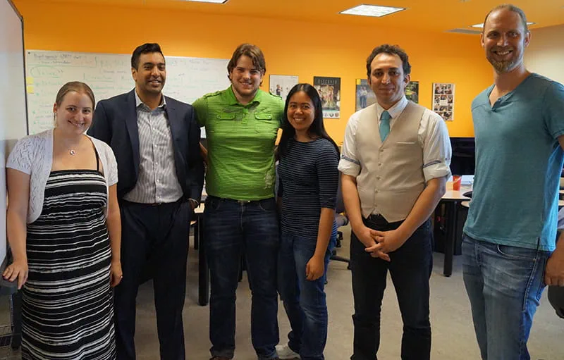 The Chumbuggy team (left to right): Lia Tsotsos (Sheridan Centre for Elder Research), Neel Desai (Co-founder of Chumbuggy.com), Kevin Lee (student), Krysta Salera (student), Pejman Salehi (Coordinator of the School of Applied Computing), and Ben Hofstede (student)