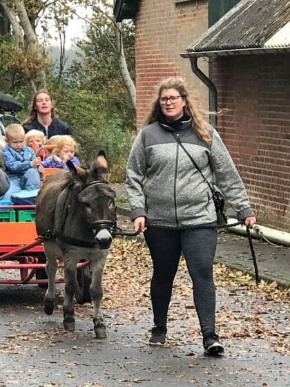 Children riding on a donkey at a school in Denmark.