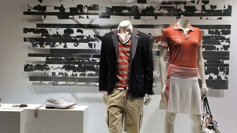 Display of clothing and shoes created by a student in Sheridan's Visual Merchandising Arts (VMA) program