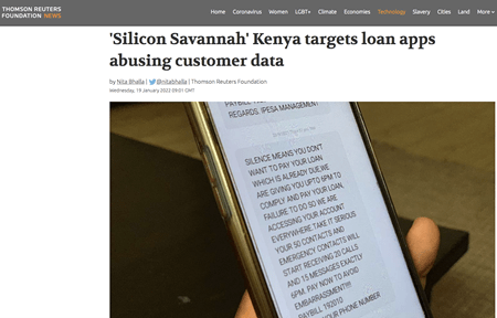 A newspaper headline about how mobile loan applications in Kenya harrass clients who don't pay, and a photo of a smartphone receiving a messaging threatening to contact the clients' family and friends if they don't pay their loan.