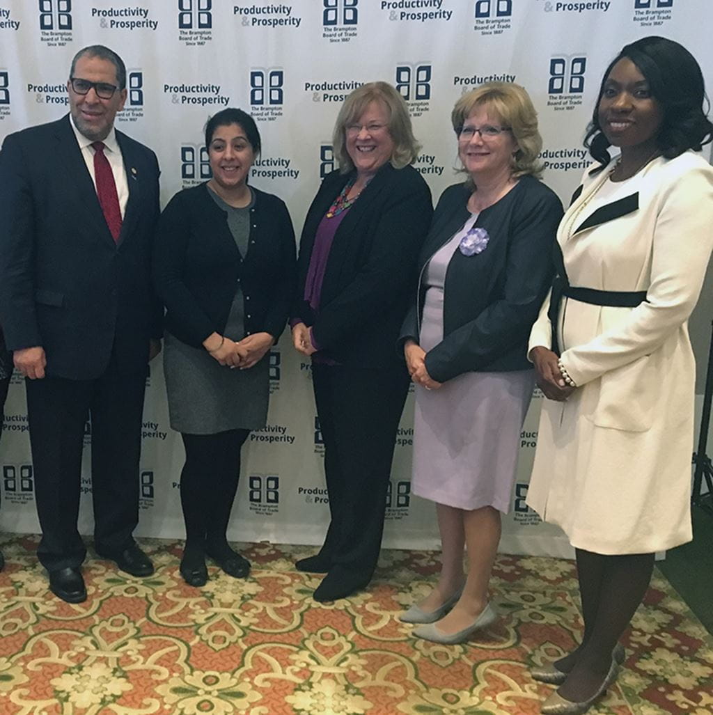 (Left to right): Dr. Mohamed Lachemi, President, Ryerson University, The Hon. Harinder Malhi, Minister of the Status of Women, Dr. Mary Preece, President and Vice Chancellor, Sheridan, Linda Jeffrey, Mayor, City of Brampton, The Hon. Mitzie Hunter, Minister of Advanced Education and Skills Development 