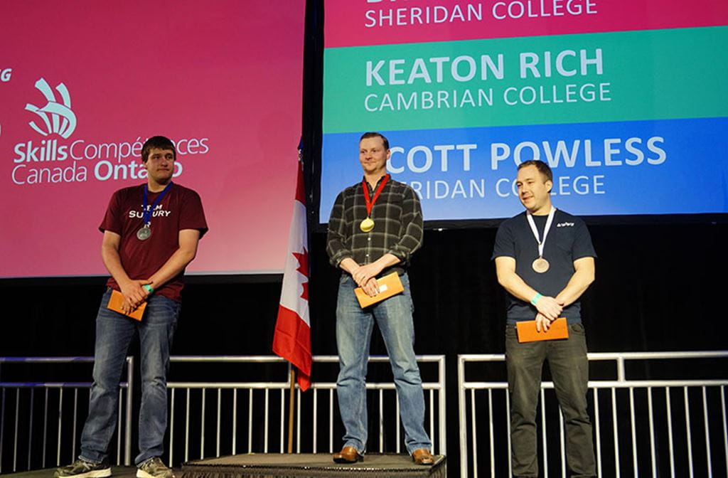 Sheridan Skills Ontario students on stage at the closing ceremony to accept their awards
