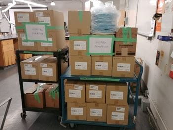 Boxes of personal protective equipment leaving Sheridan's Davis Campus in Brampton, Ontario