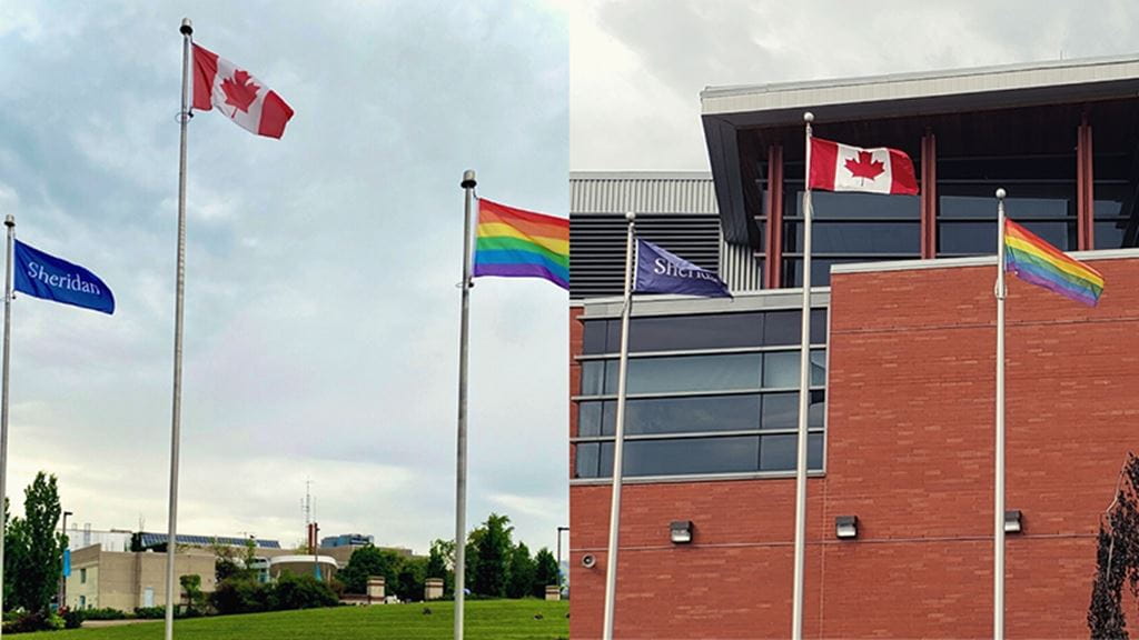 Pride flags at Davis Campus and Trafalgar Campus