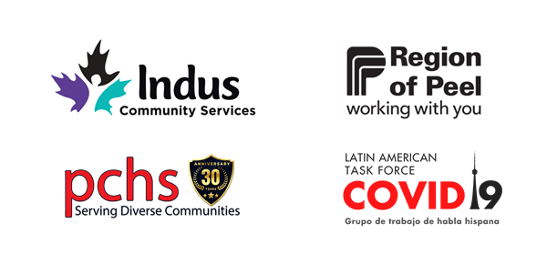 Indus Community Services logo, Region of Peel logo, PCHS logo and Latin America Task Force logo