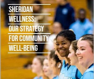 Picture of Sheridan Bruins volleyball players with text reading: Wellness: Our Strategy for Community Well-Being