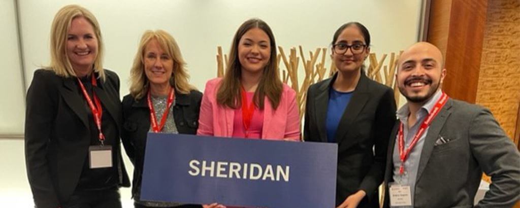 Sheridan’s PSB marketing team at the Scotiabank Vanier College National Marketing Case Competition. From left to right: Stacey Sheehy, Carol Bureau, Jade-Renee Alcorn, Rasleen Kaur Sandhu, and Andres Segura Pallares. 