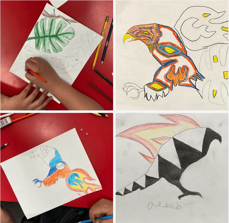 Four drawings by students of Standing Stone Elementary School, located in the Oneida Nation of the Thames community near London