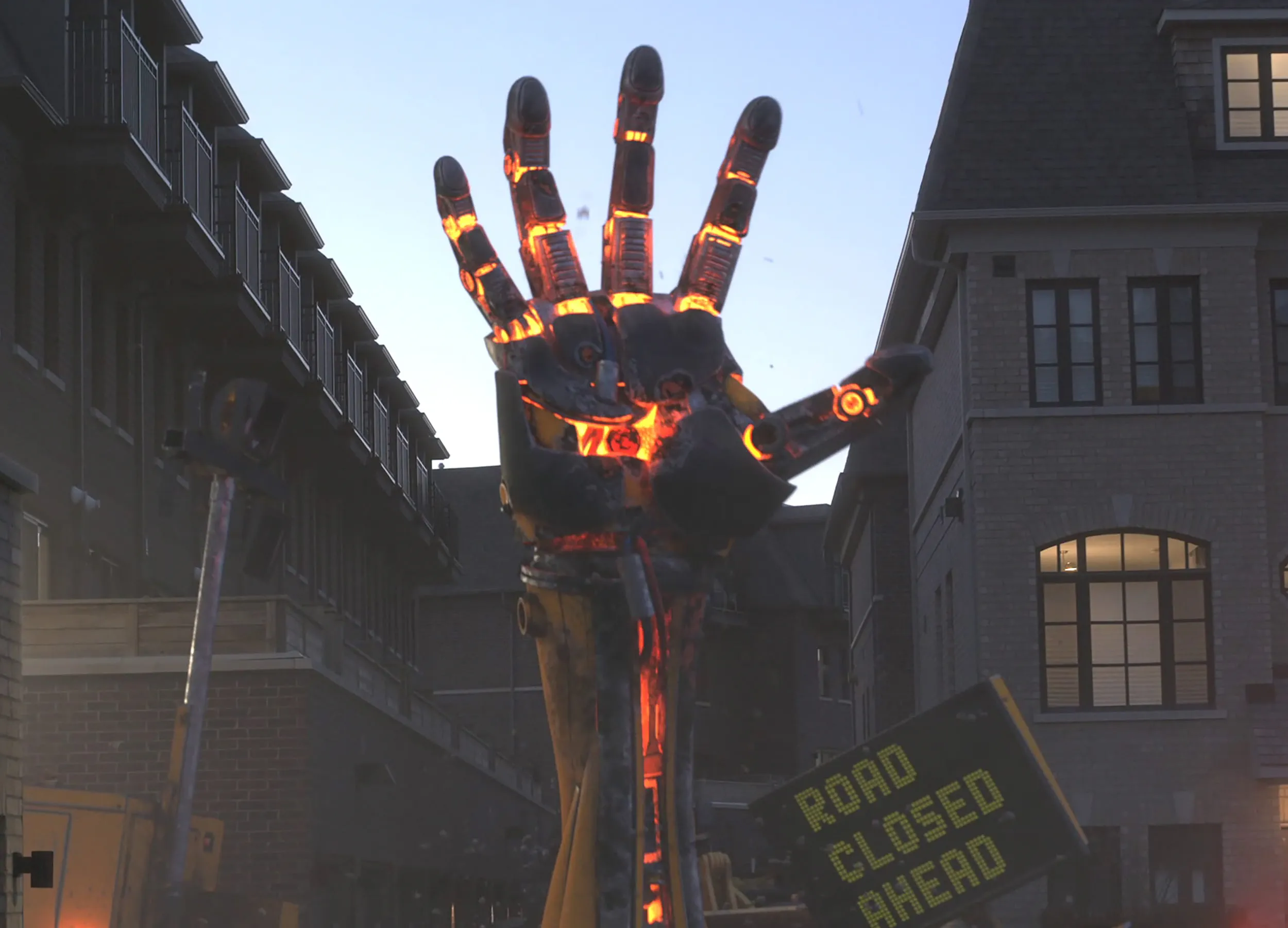 Visual effects animation of a giant, fiery robotic hand reaching up in front of buildings